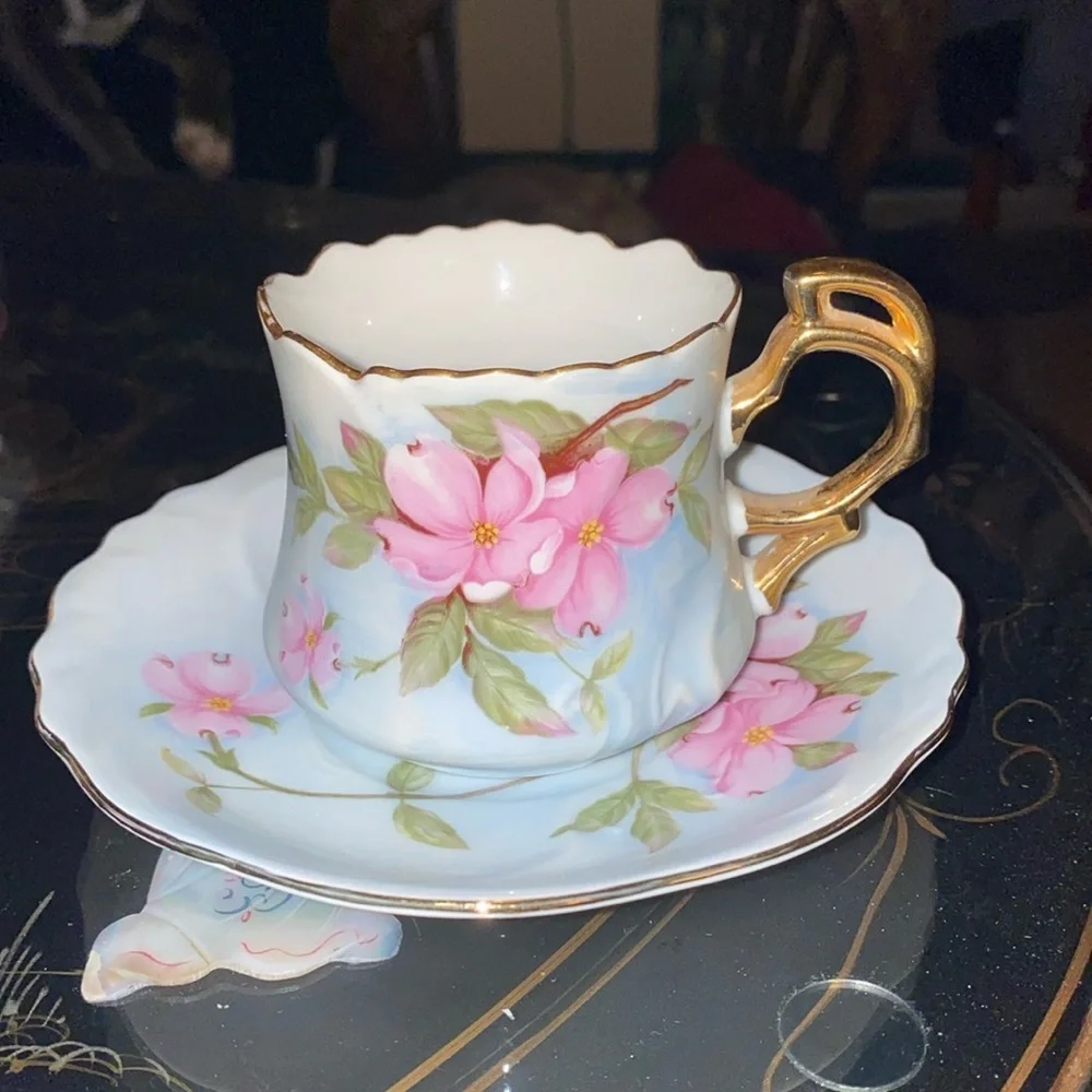 Antique 1989 Lefton China Hand Painted Cherry Blossoms Tea cup and saucer